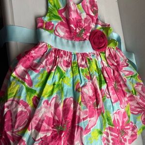 Rare Editions Pink and Aqua Floral Dress with Rosette Accent
